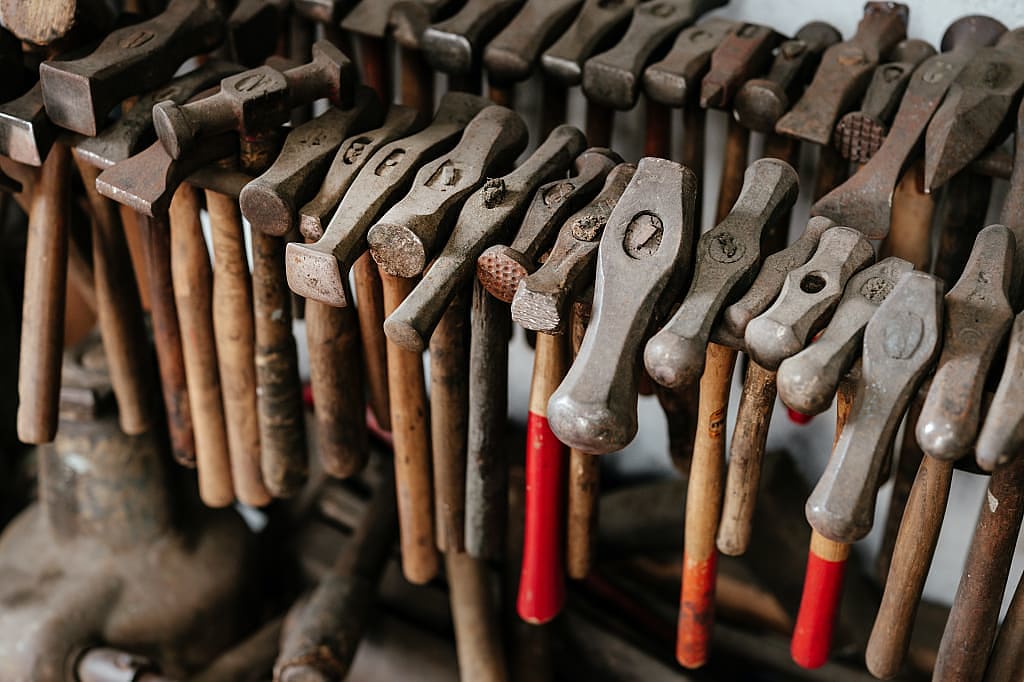 Vintage hammers at Mâ Nouvelle Orfèvrerie, jewelry designers in Bordeaux, France