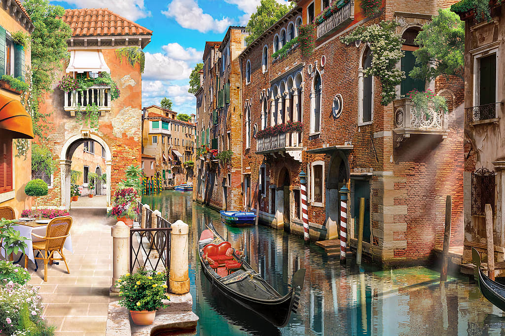 Venice canal with moored gondola