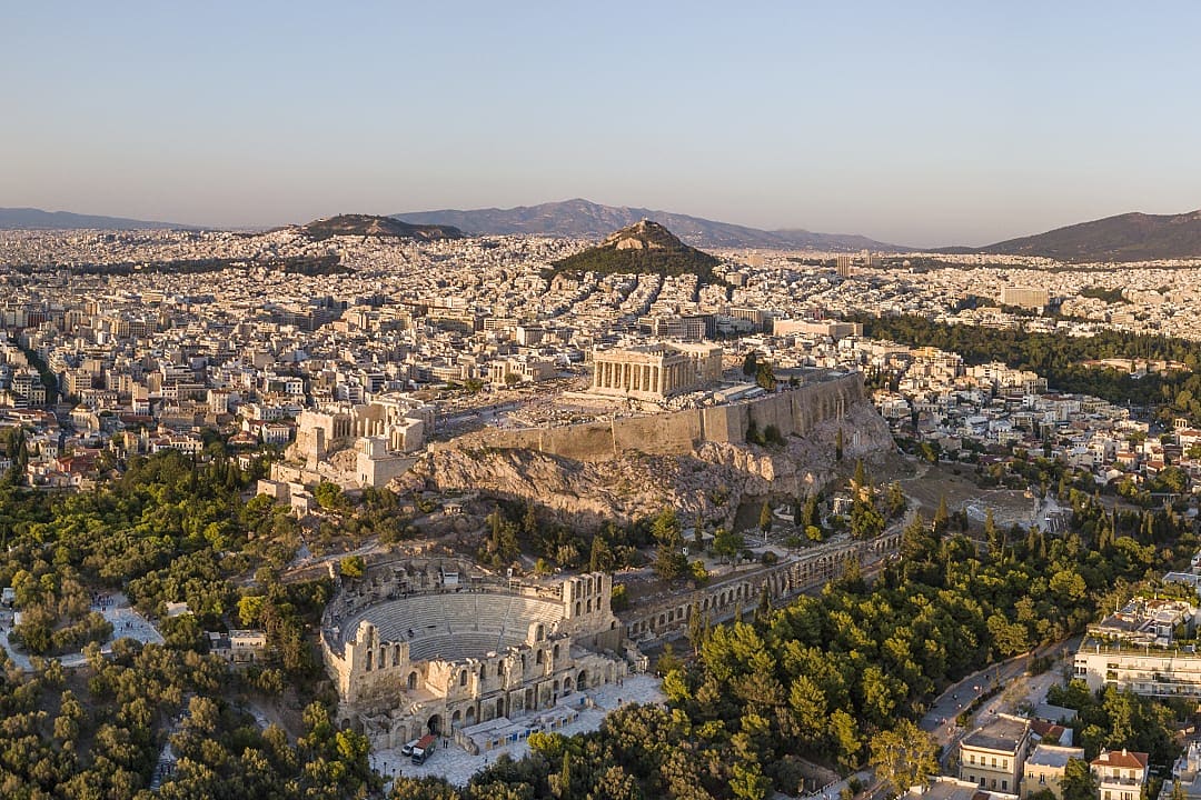 Aerial view of Acropolis hill and Parthenon in Athens, Greece.