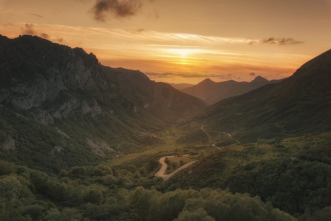 Windy road at sunset.