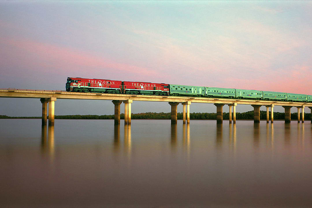 The Ghan crossing the Elizabeth river. Photo courtesy of Great Southern Rail