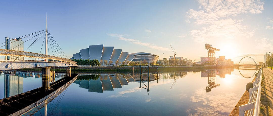 View from Bells Bridge, including the SSE Hydro, Finnieston Crane and Glasgow Eye Bridge