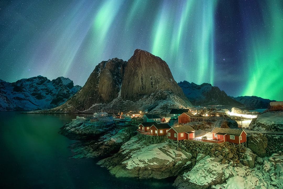 Northern lights over the coastal fishing village of Hamnoy, Norway