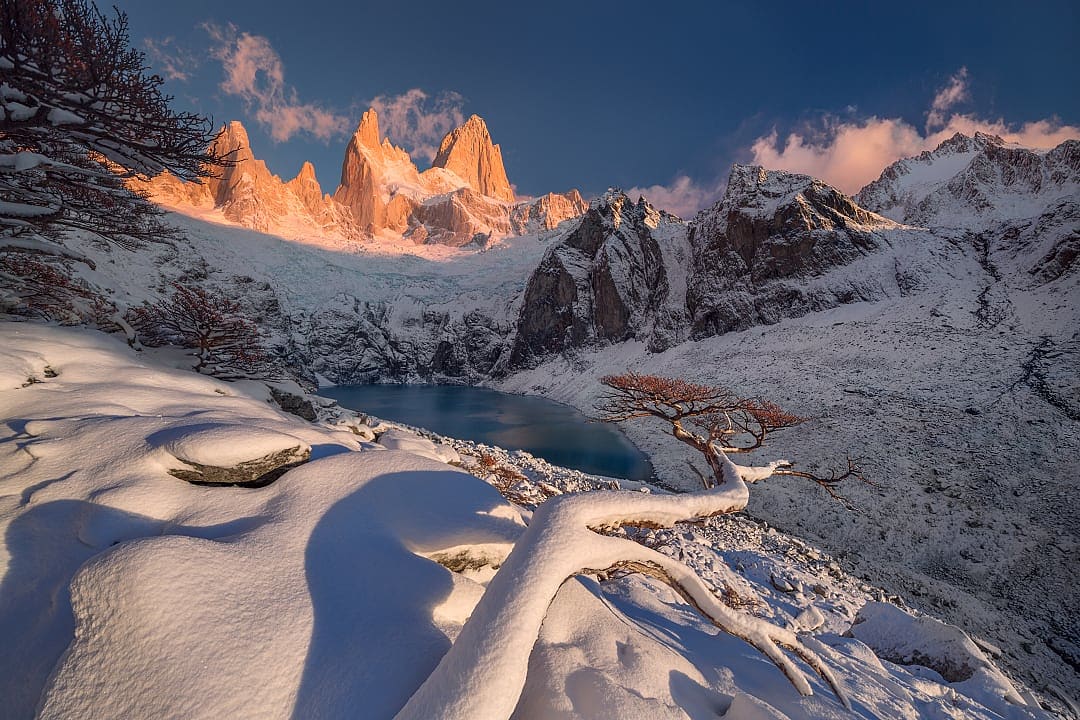 Snow covered Los Glaciares National Park in Argentine Patagonia with Mt Fitz Roy in the distance