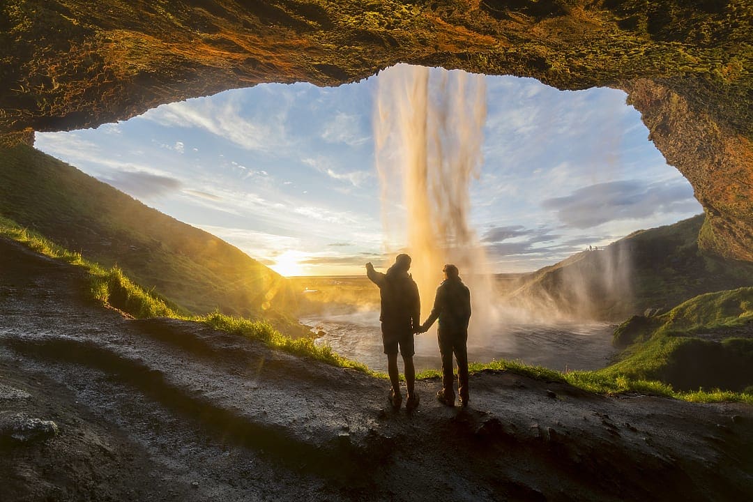 Seljalandsfoss waterfall at sunset