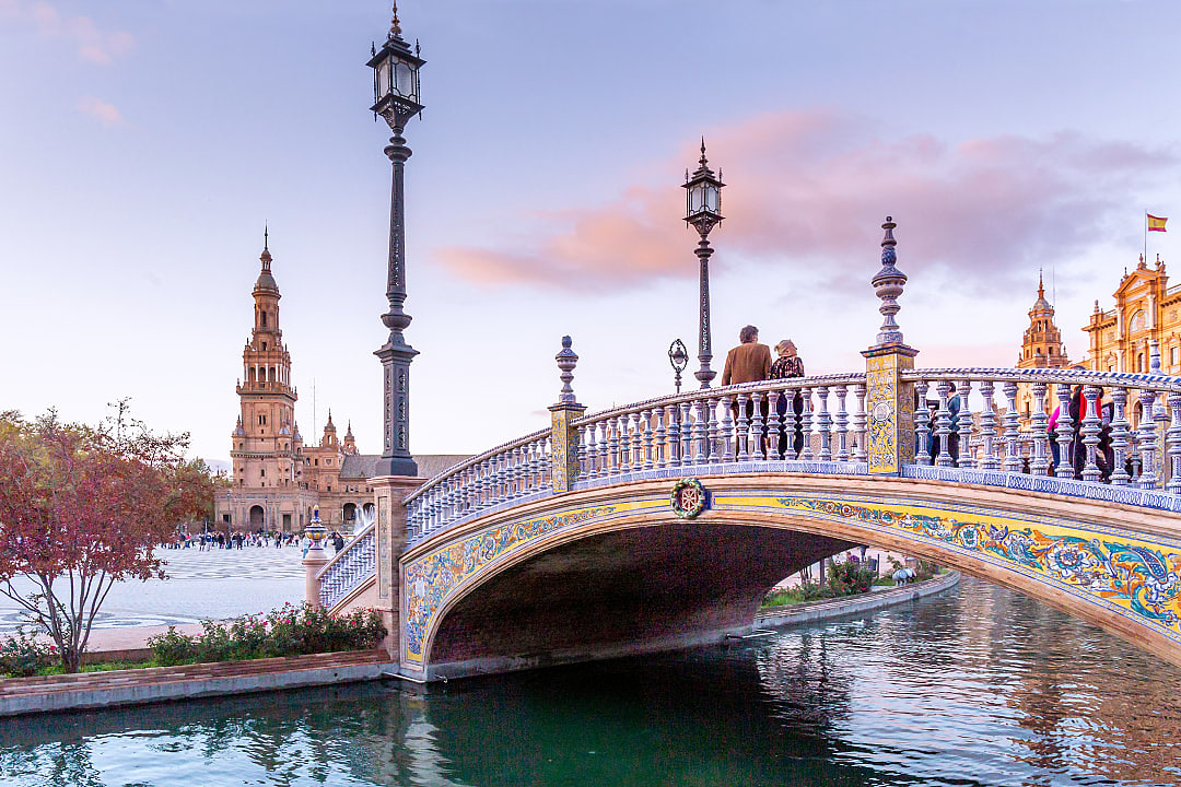 Plaza de España at sunset in Seville, Spain