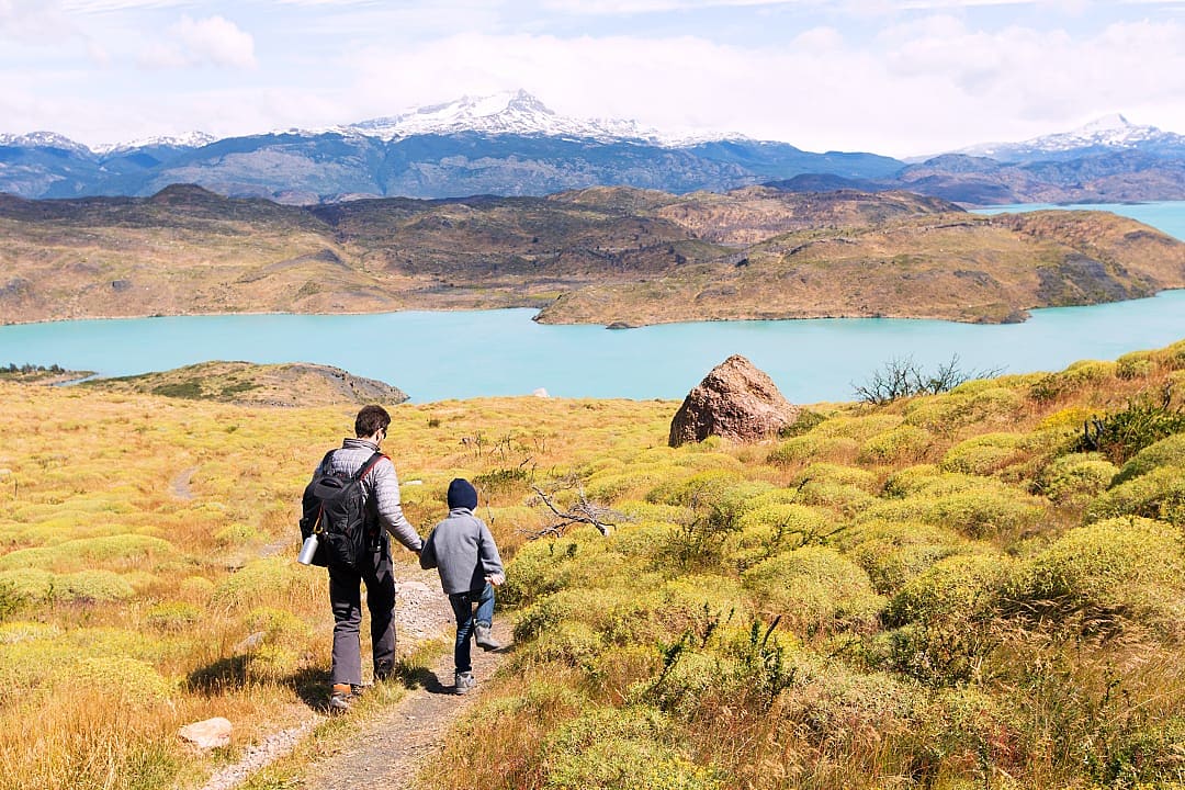 Father and son hiking in the Patagonia in Argentina