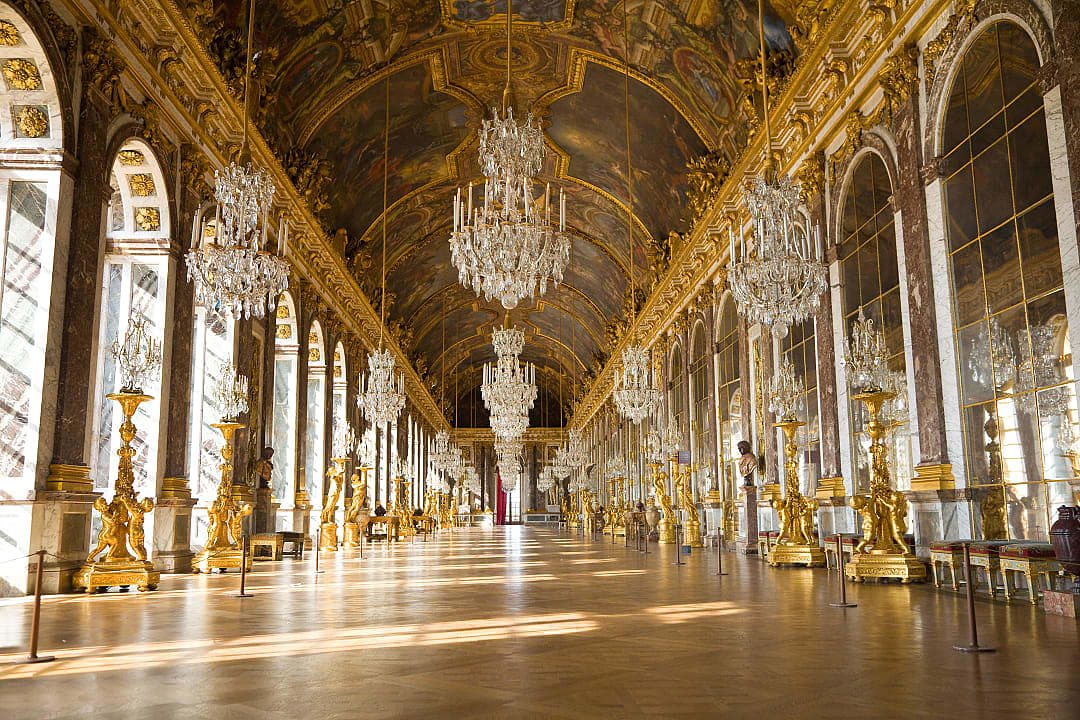 Hall of Mirrors with chandeliers at the Palace of Versailles in France