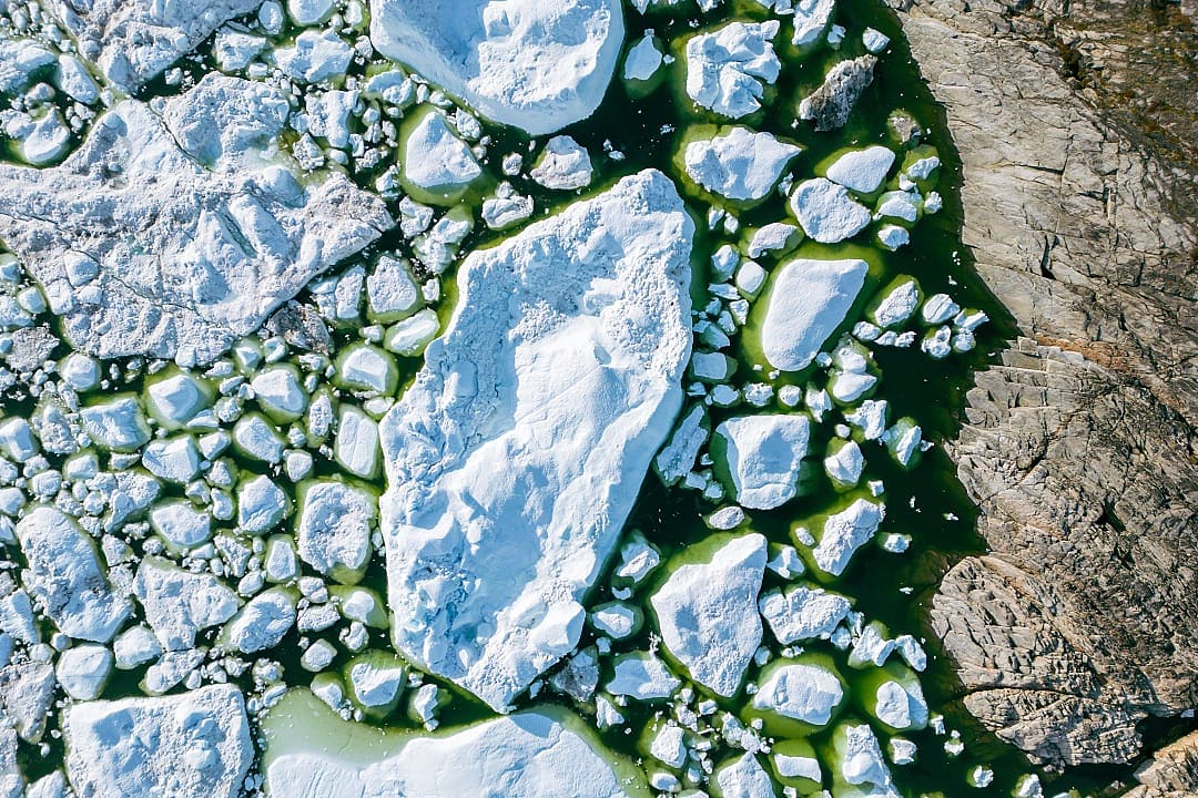 Aerial view of the Ilulissat Icefjord during a helicopter landing.