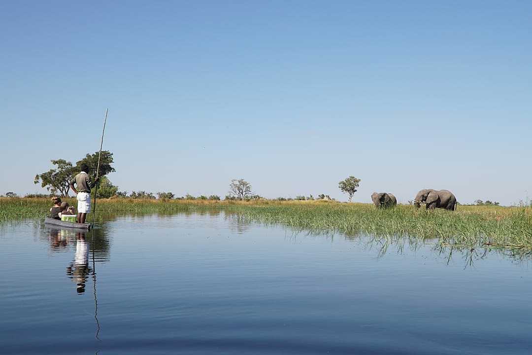A couple experiencing a Mokoro Safari, Okavango Delta.