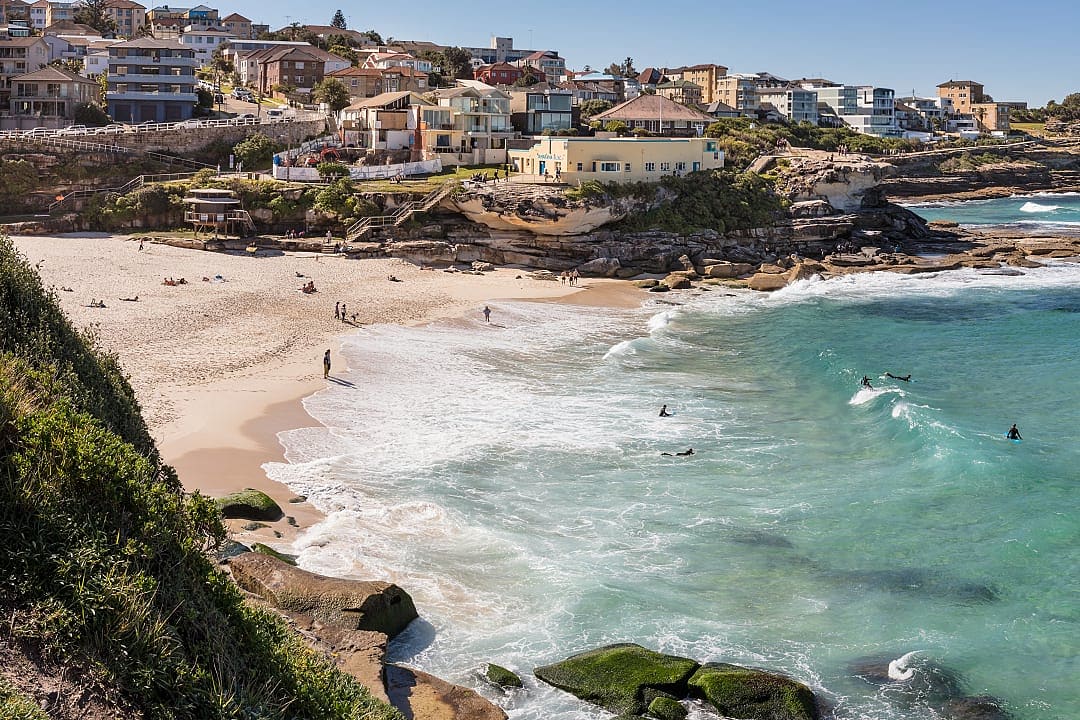 A scenic view of Tamarama Beach, known for surfing and swimming, in Sydney.