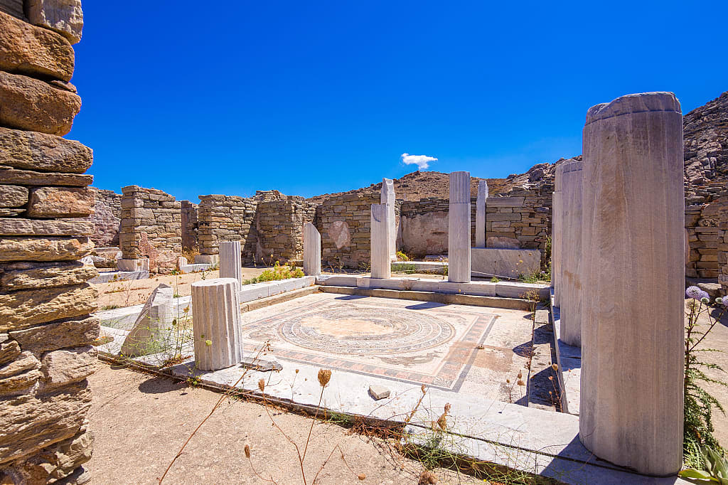 Ancient ruins in the island of Delos in Cyclades, one of the most important mythological sites in Greece.