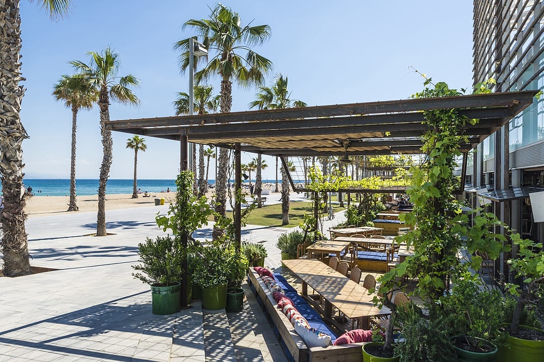 Restaurants and cafes along the beach in Barcelona, Spain