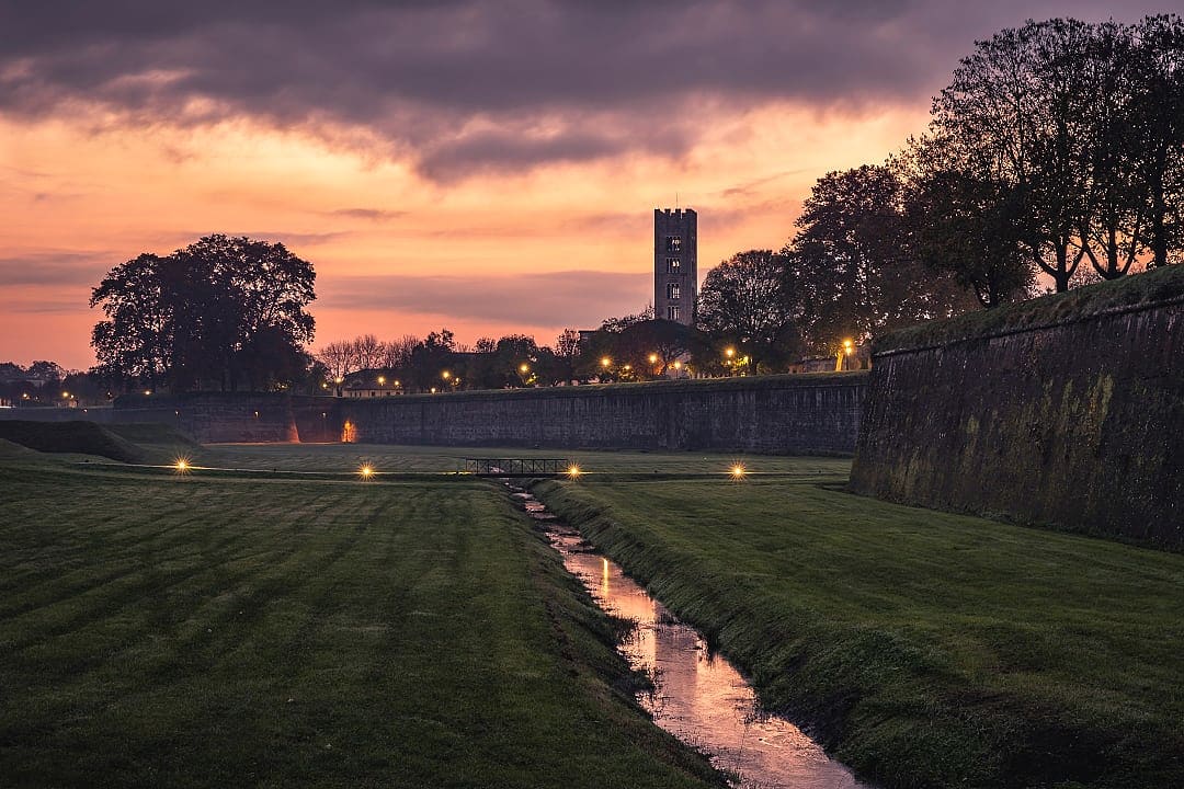 The Medieval walls in Lucca at sunrise. 
