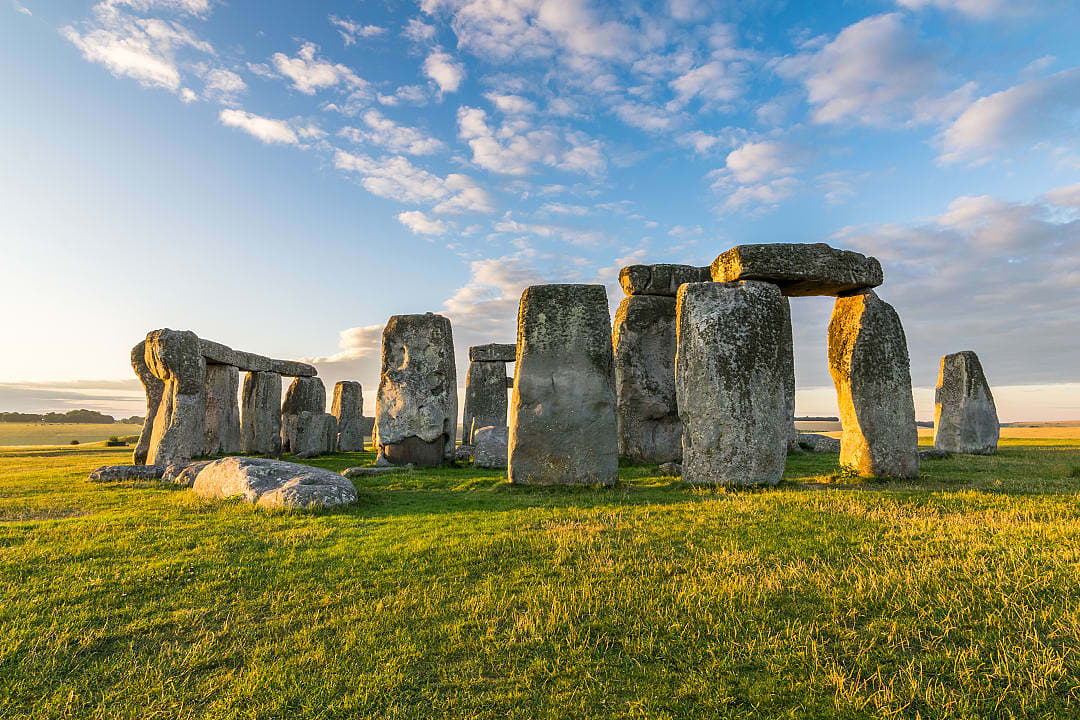 Stonehenge, a prehistoric rock monument on the grassy Salisbury Plain in England