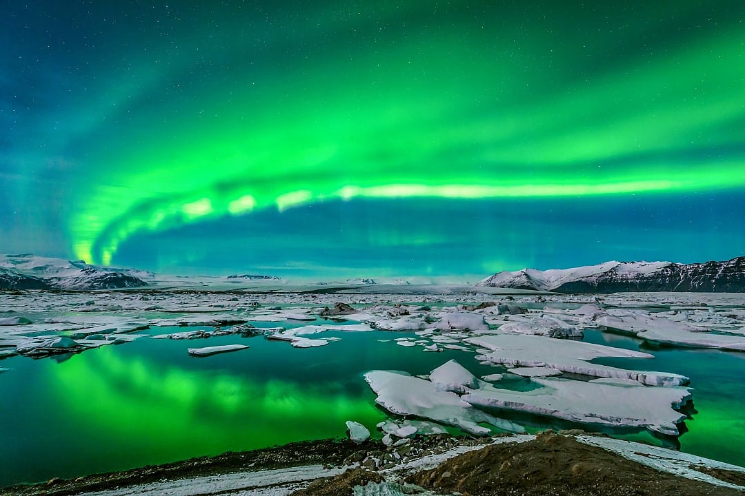 Northern lights over Jokulsarlon Glacier Lagoon in Iceland