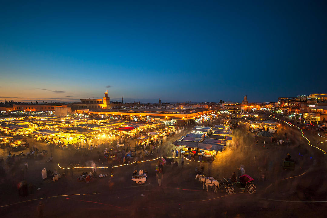 Jemaa el-Fnaa market at night in Marrakech, Morocco