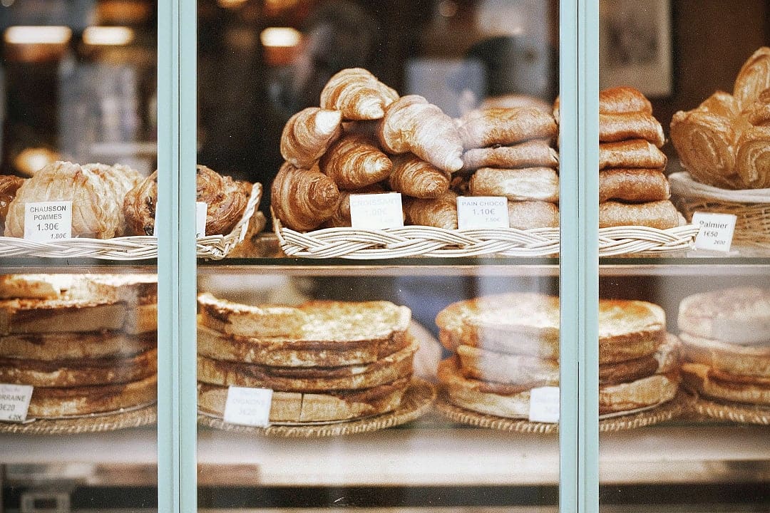 Pastries on display at a bakery in Paris
