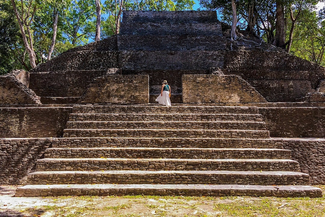 Female traveler at Cahal Pech Mayan Ruin in San Ignacio, Belize
