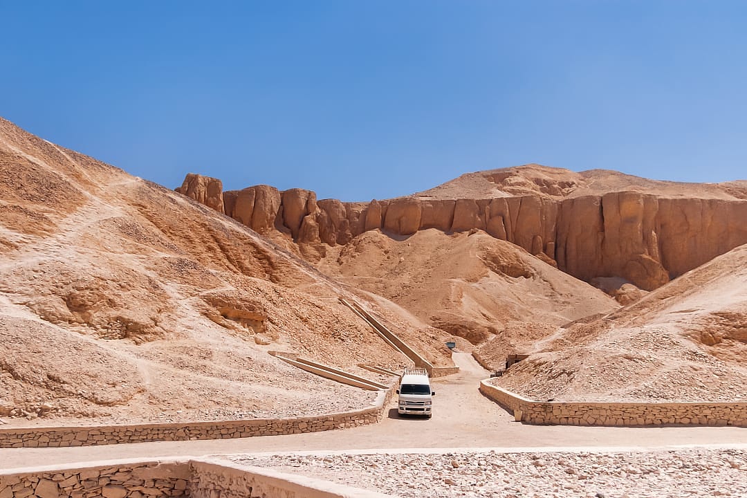 Tour van at the Valley of the Kings in Luxor, Egypt