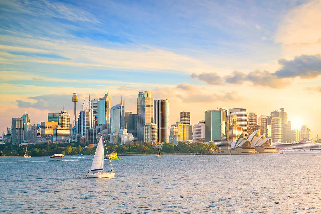 Skyline with harbor and Sydney Opera House in Australia
