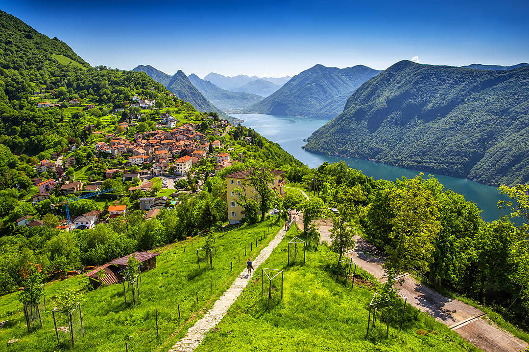 View of Lugano town, lake, and Monte San Salvatore