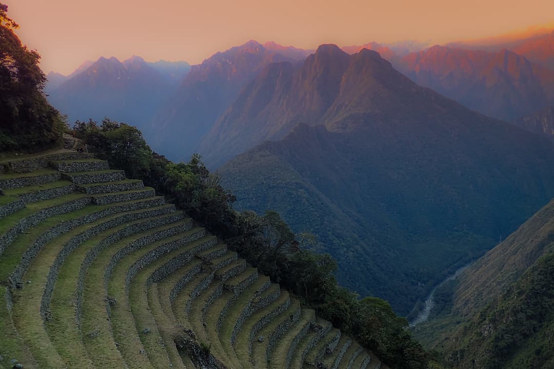 Inca trail overlook breathtaking Andean sunset.