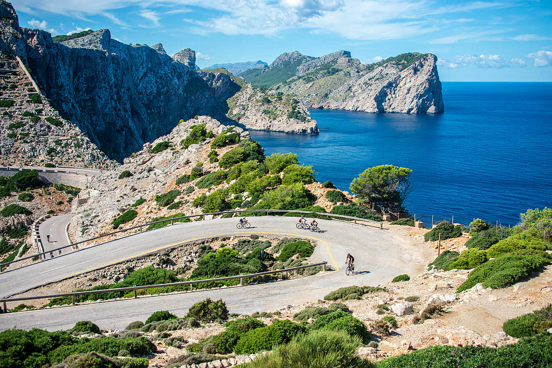 Bikers on the road in Cap de Formentor in Mallorca, Spain