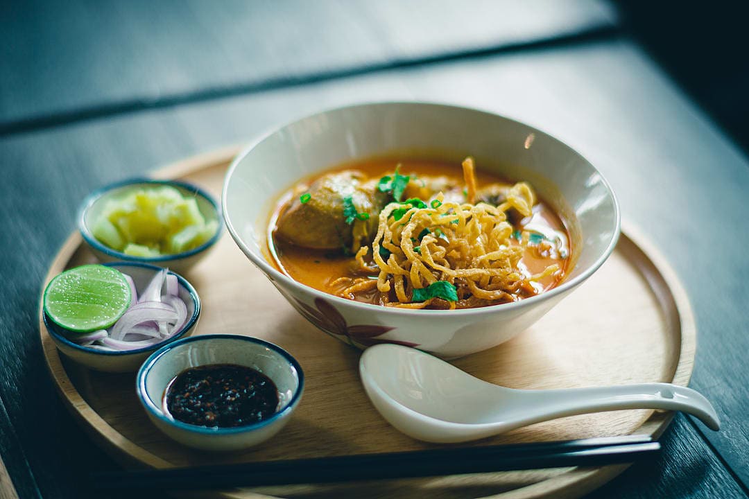 Khao soi dish served at a restaurant in Bangkok, Thailand