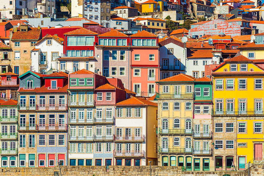 Rows of colorful, historil houses in Porto, Portugal