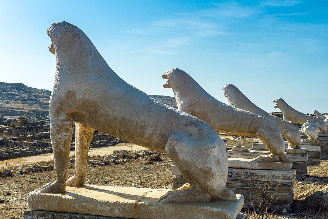 Ancient marble lion statues on sacred Delos Island in Greece.