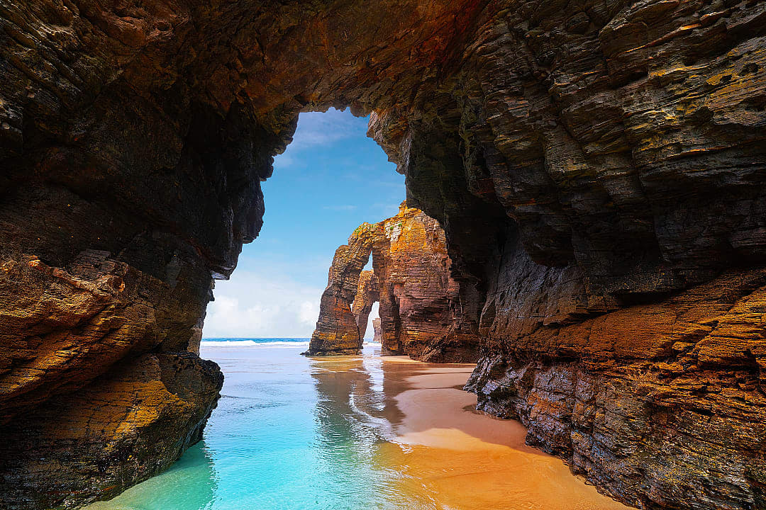 Rocky caves along the shore at As Catedrais in Galicia, Spain