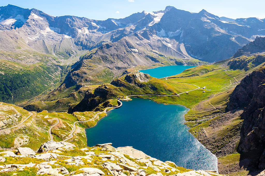 Stunning scenery of Gran Paradiso park lakes, from Col Nivolet in Italy