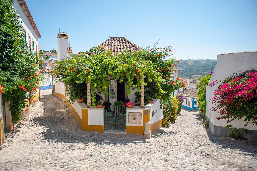 Typical cobblestone streets with flowers  in Óbidos, Portugal