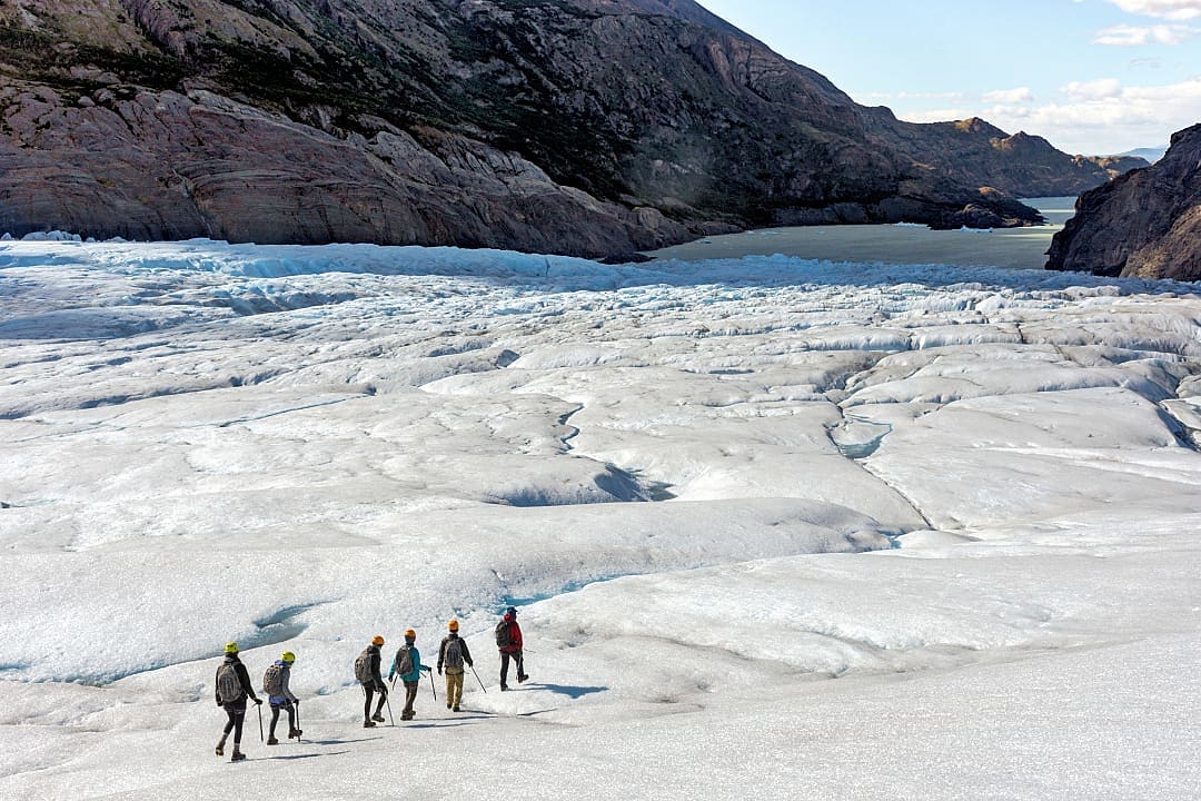 Hikers on Grey Glacier in Torres del Paine, Chilean Patagonia