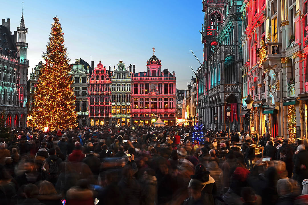 A busy square in Belgium during Christmas festivities.