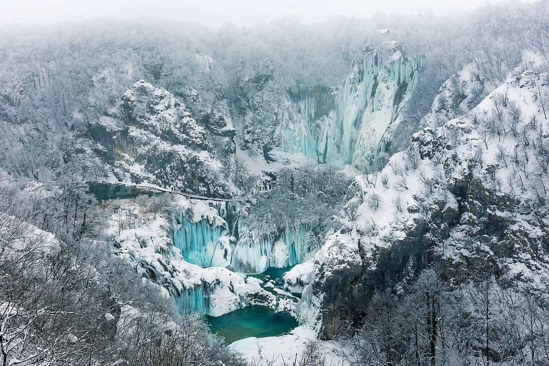 Frozen waterfalls in Plitvice National Park, Croatia