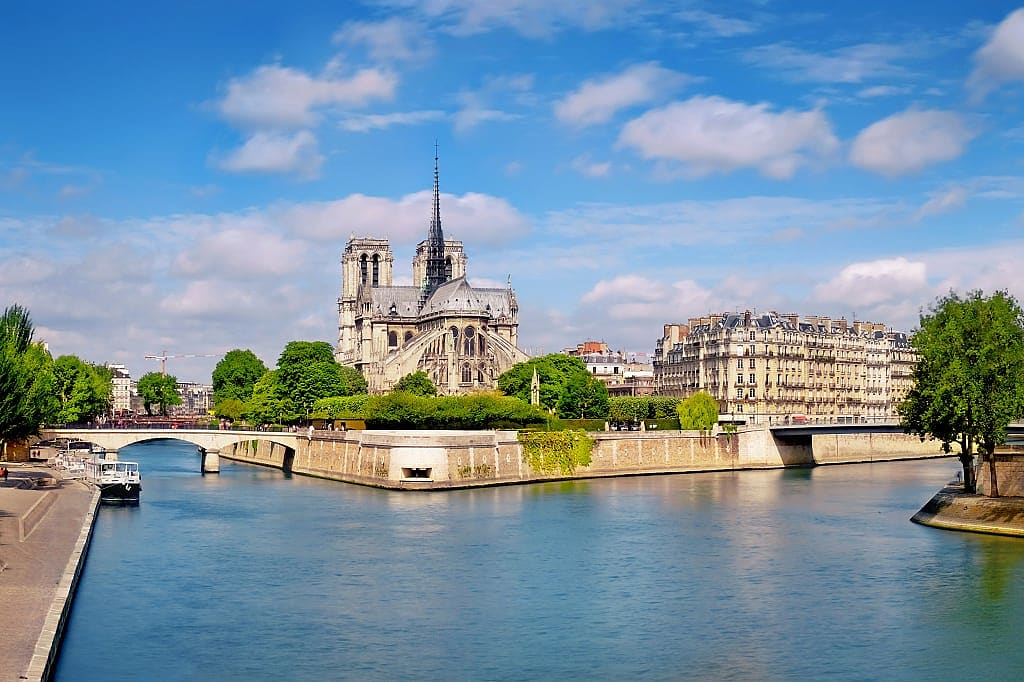 Notre Dame Cathedral on the Seine River in Paris, France