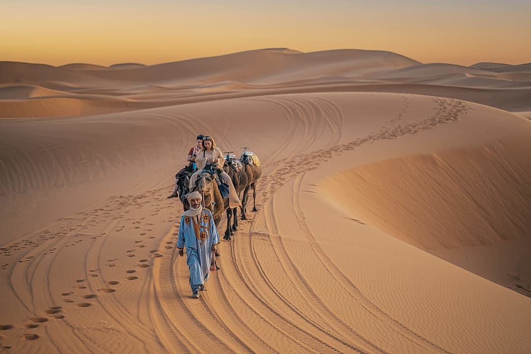 Tour guide leads a camel trek across the Sahara Desert.