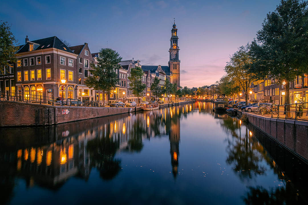 Prinsengracht Canal with the Anne Frank House in Amsterdam, the Netherlands