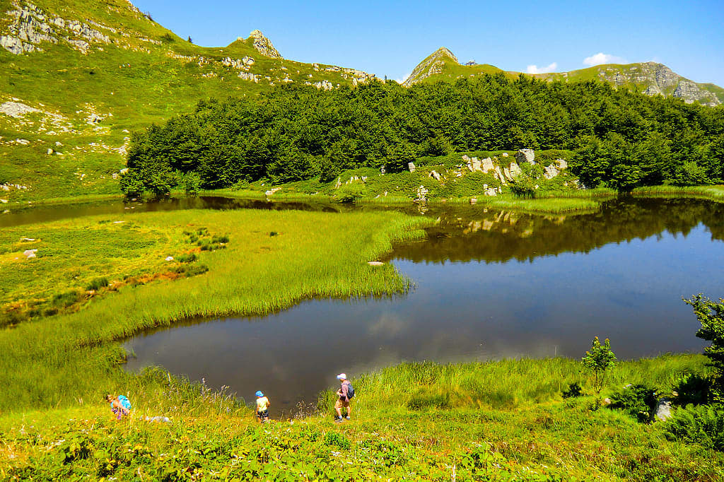 Hiking around Lake Nero, in the mountains of Abetone, Pistoia, Tuscany, Italy, in summer