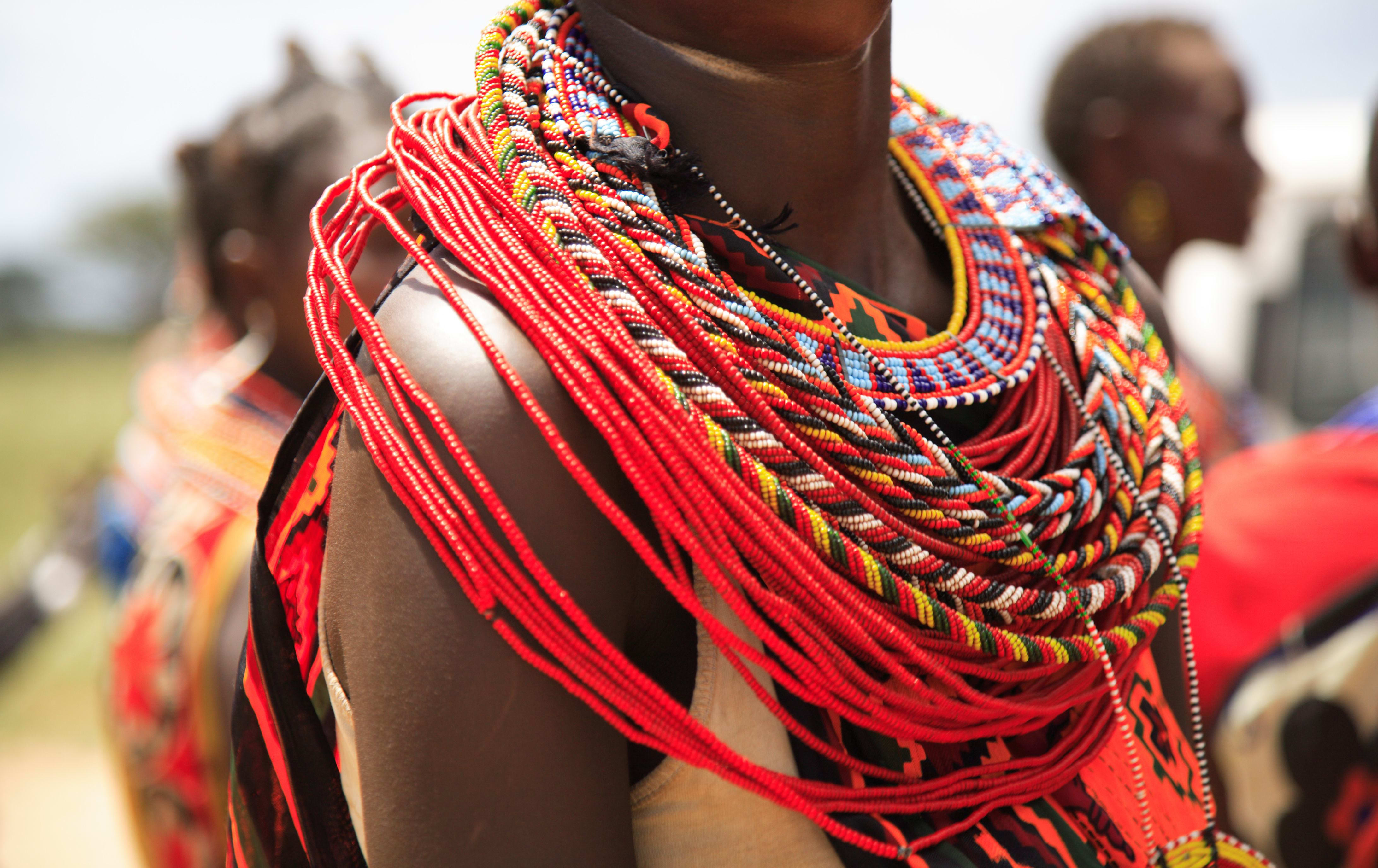 Beaded jewelry on a woman in Kenya
