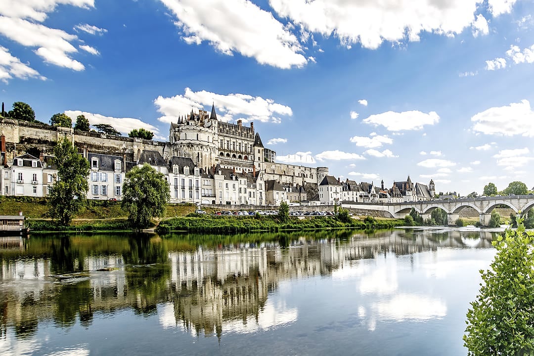 Landscape of the river flowing next to some castles in Loire Valley, France.