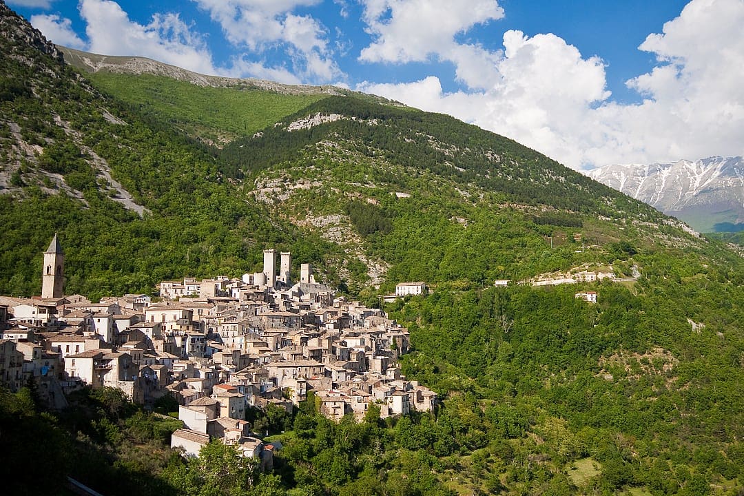 Medieval village on hill in Abruzzo, Italy