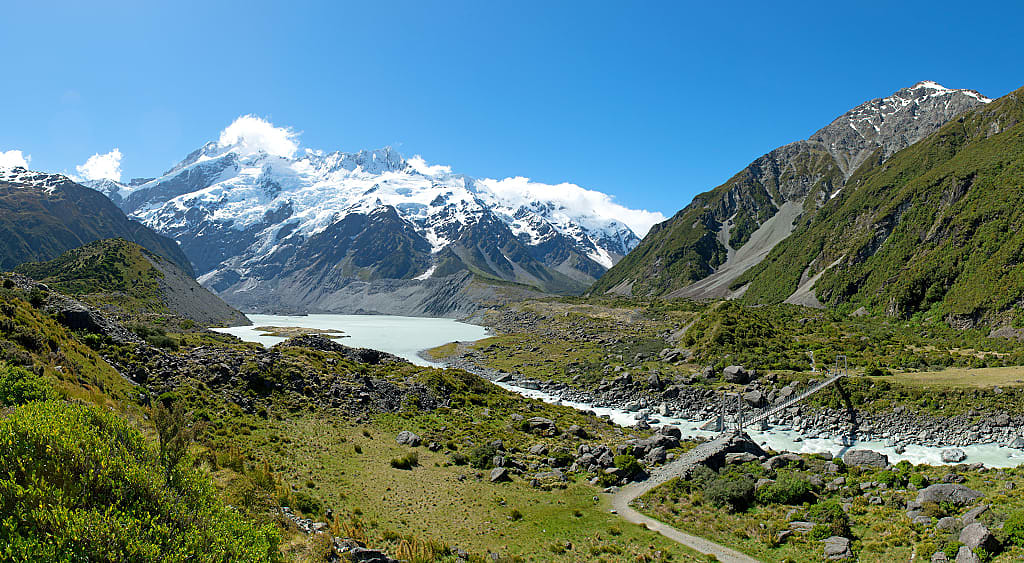 Hooker Valley Track through Mount Cook landscape on the South Island of New Zealand.
