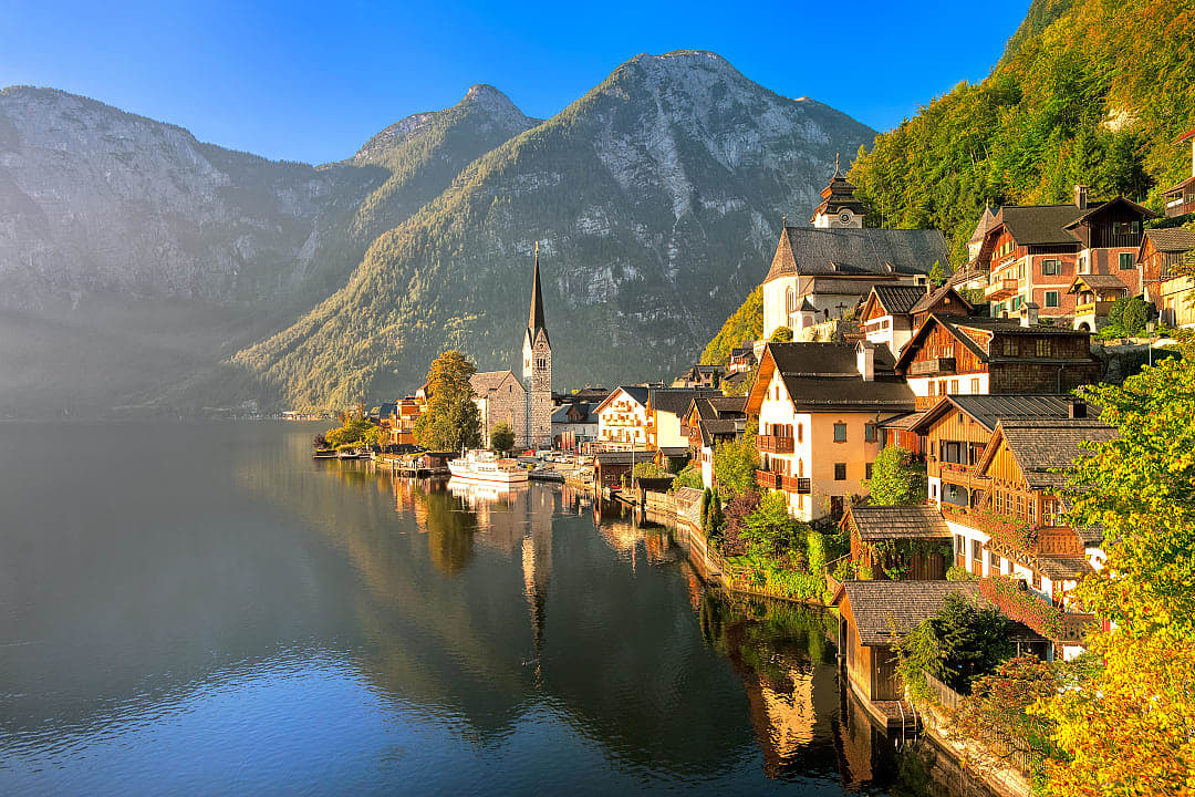 Old village of Hallstatt on the Lake with mountains in the background in Austria
