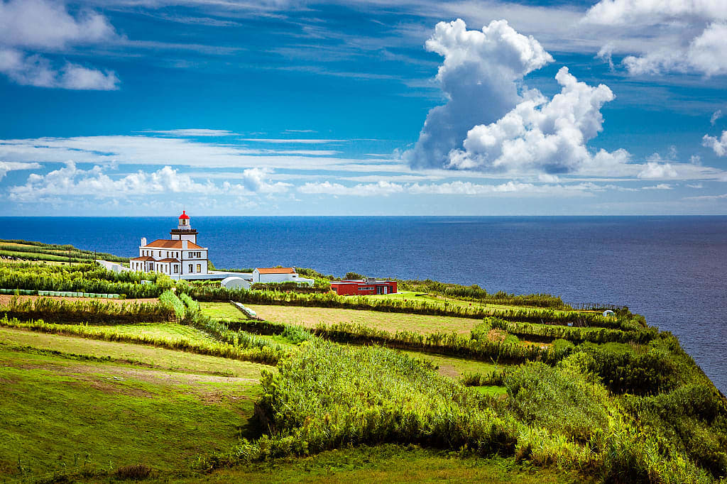 Wonderful view of the Farol da Ponta da Ferraria lighthouse on the island of San Miguel.