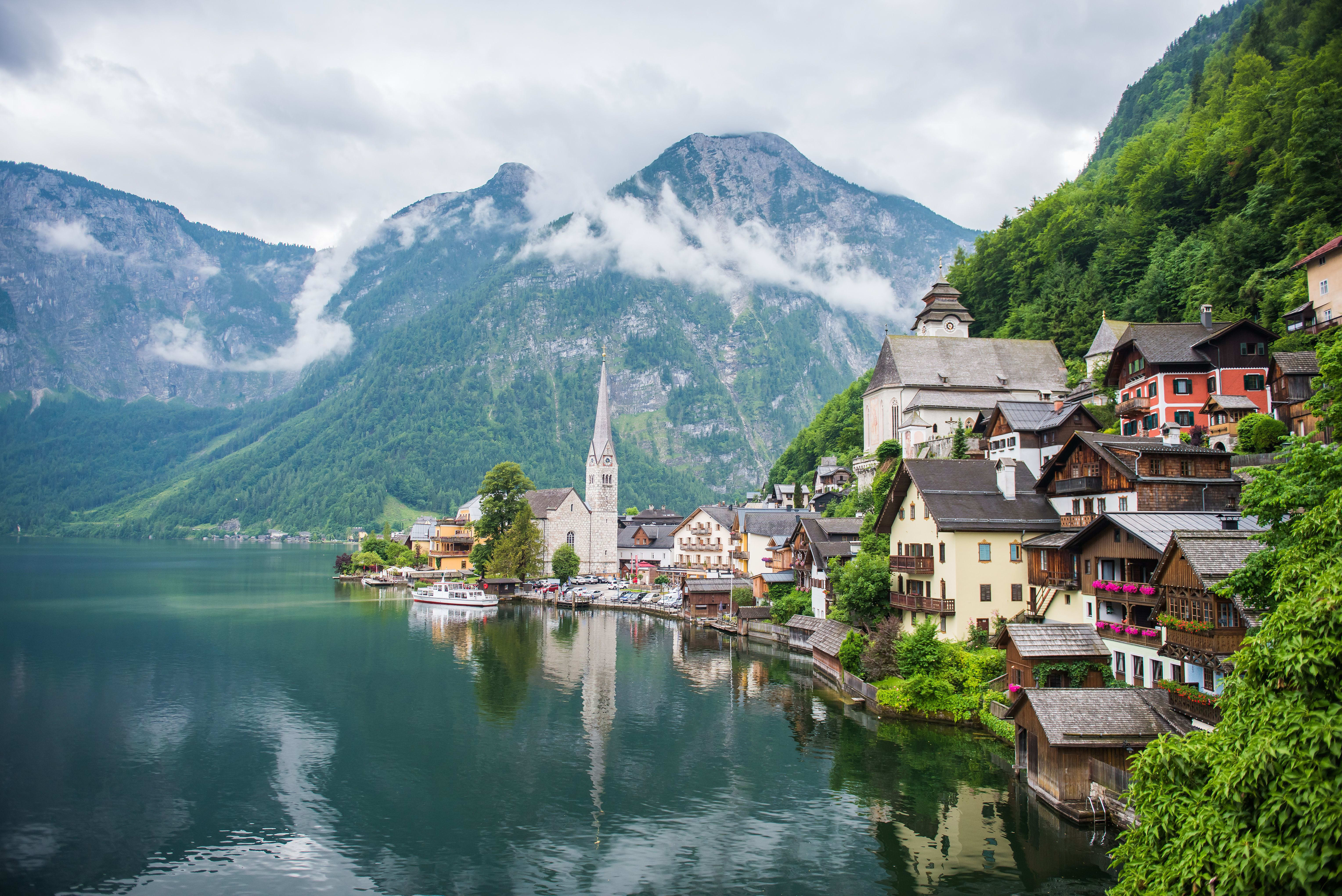 Hallstatt, with the towering Dachstein Massif looming in the background.