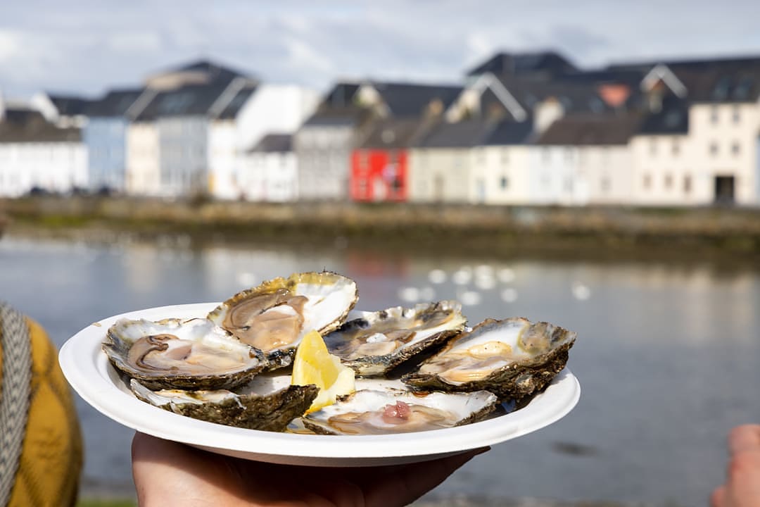 Plate of fresh oysters with lemon at Galway International Oyster and Seafood Festival, waterfront view.