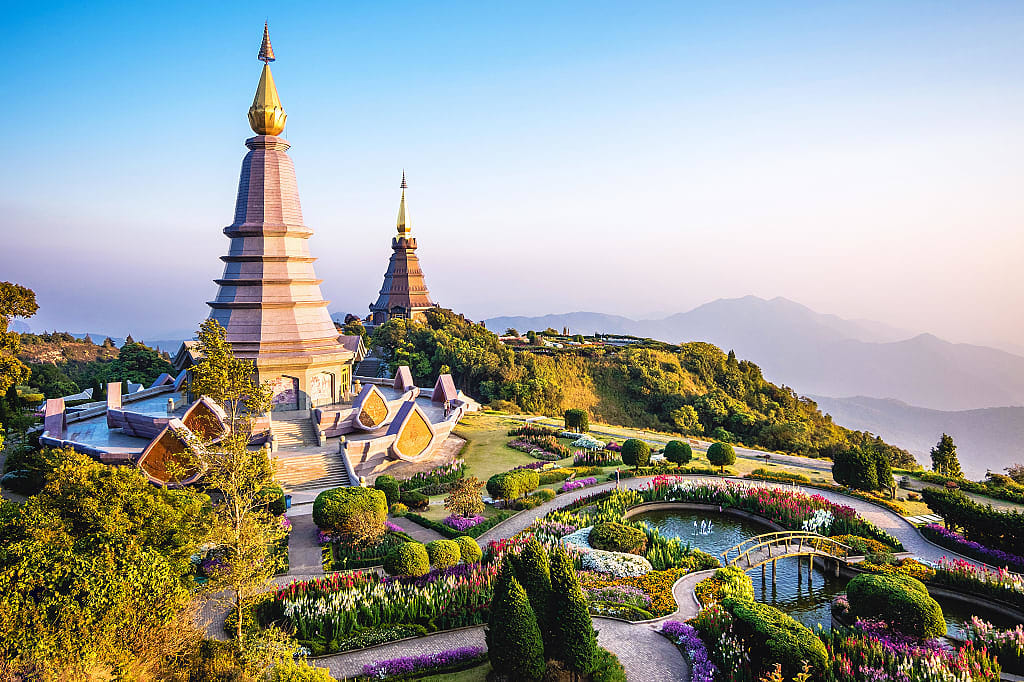 Twin pagodas and gardens at Doi Inthanon National Park  Doi Inthanon National Park in Chiang Mai, Thailand